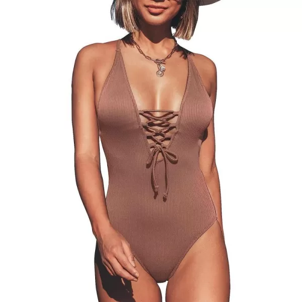 imageCUPSHE Womens Solid Color V Neck Lace Up One Piece SwimsuitCaramel