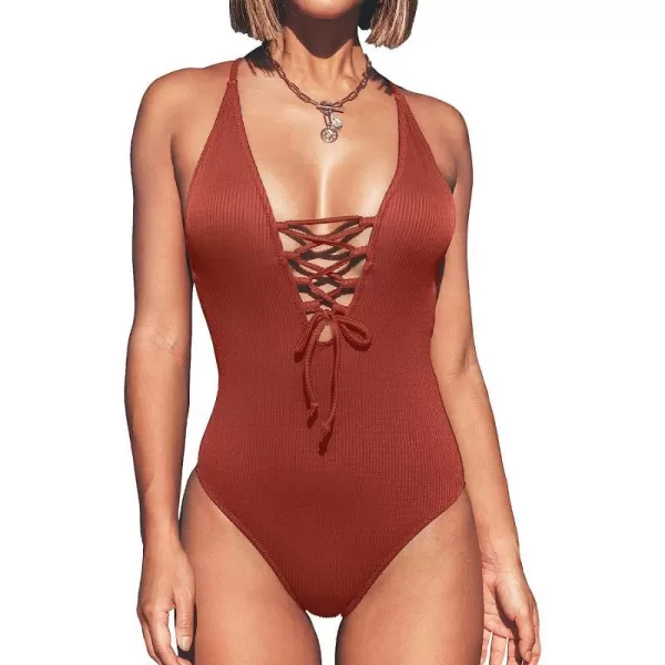 imageCUPSHE Womens Solid Color V Neck Lace Up One Piece SwimsuitDark Amber