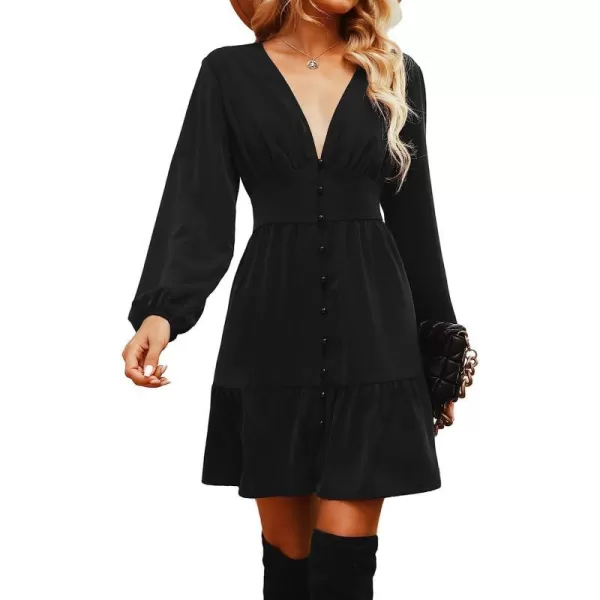 imageCUPSHE Womens Solid Midi Dresses Aline Button Down Deep V Neck Long Sleeves Fall DressBlack