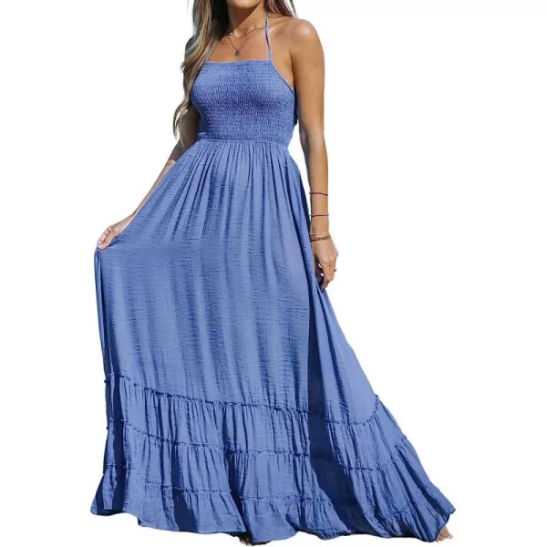 imageCUPSHE Womens Solid Smocked Maxi Dress Straight Neck Spaghetti Straps Casual DressBlue