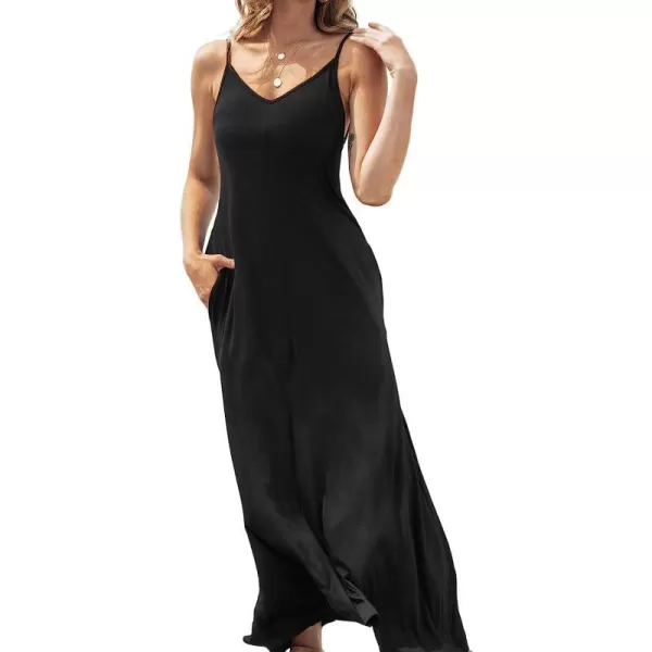 imageCUPSHE Womens Solid V Neck Maxi Dress Spaghetti Straps Casual Slip DressBlack