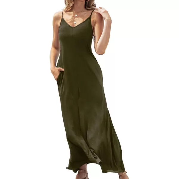imageCUPSHE Womens Solid V Neck Maxi Dress Spaghetti Straps Casual Slip DressOlive Green