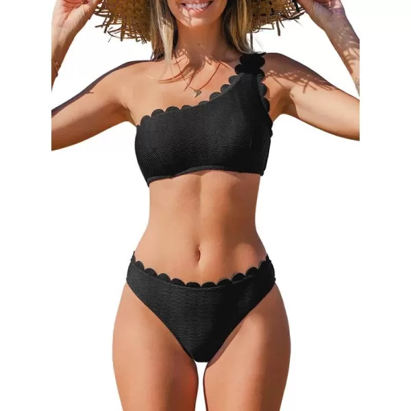 imageCUPSHE Womens Solid Wavy Edge OneShoulder Bikini Set Rain of PetalsBlack