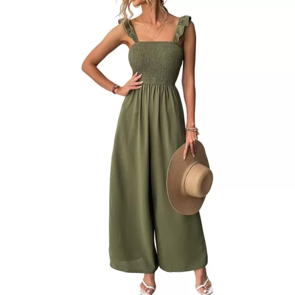 imageCUPSHE Womens Square Neck Smocked Ruffled Romper Sleeveless Wide leg Jumpsuit Empire Waist OutfitGreen