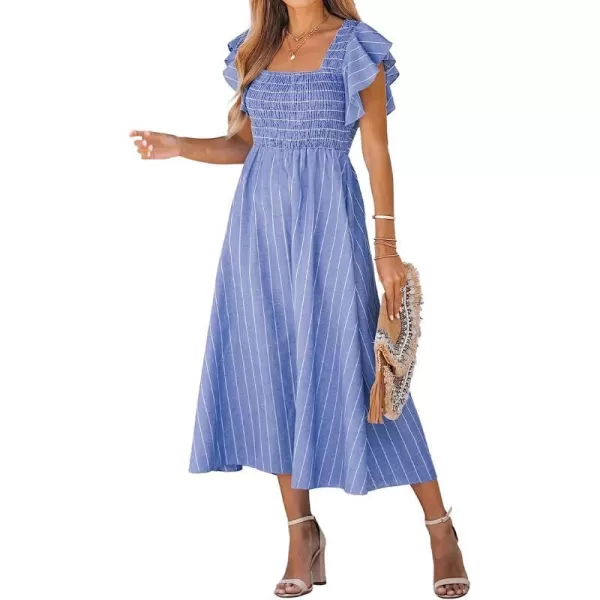 imageCUPSHE Womens Square Neck Striped Smocked Dress Ruffled Cap Sleeves Dress A Line Maxi DressBlue