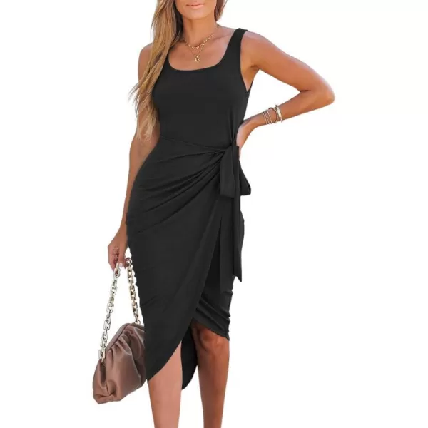 imageCUPSHE Womens Square Neck Wrap SelfTie Dress Short Sleeve Formal Dress Tulip Hem Midi DressBlack