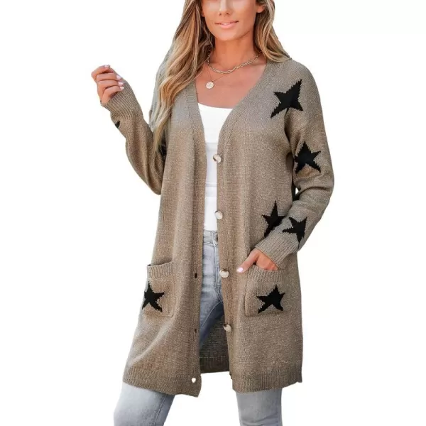 imageCUPSHE Womens Star Print ButtonFront Cardigan Sweaters Fashion Knit Outwear VNeck Cardigans Sweater Coat Long SleeveKhaki