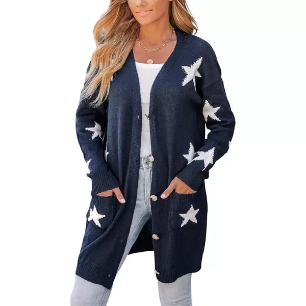 imageCUPSHE Womens Star Print ButtonFront Cardigan Sweaters Fashion Knit Outwear VNeck Cardigans Sweater Coat Long SleeveNavy