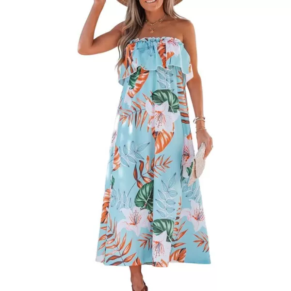 imageCUPSHE Womens Strapless Tropical Leaf Print Long Dress Floral Flounce Tube Formal Dress MaxiLight Blue
