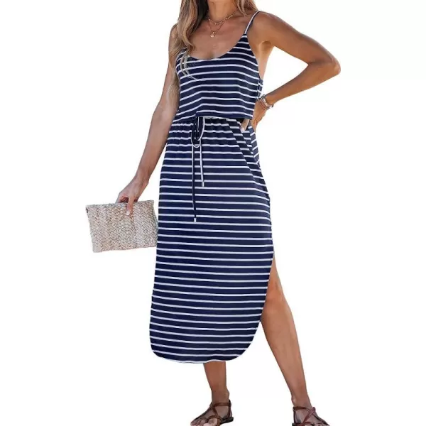 imageCUPSHE Womens Striped Drawstring Waist Maxi Dress Sleeveless Long Dresses Casual SummerBlack
