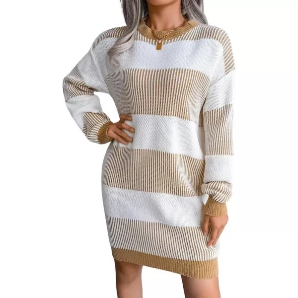 imageCUPSHE Womens Striped Dropped Shoulders Sweater Dress Winter Casual Long Sleeve Knitwear Chic SweatersLight Brown