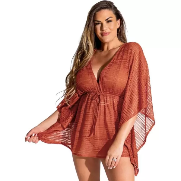 imageCUPSHE Womens Striped Mesh Drawstring CoverUp Dress Mini VNeck Dress Red BeachwearRed