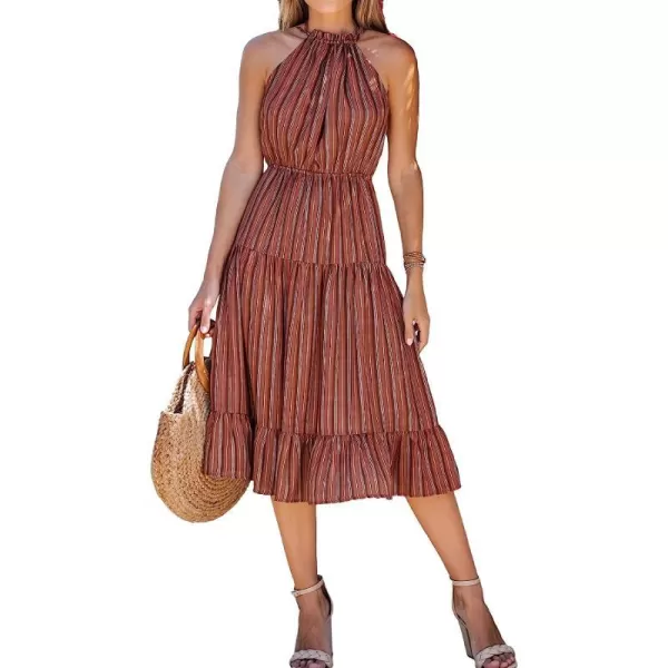 imageCUPSHE Womens Striped Ruffled Midi Dress Halter Strap Summer Dress SleevelessRed Striped
