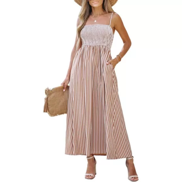 imageCUPSHE Womens Striped Smocked Sleeveless Dress Pockets Formal Dress Maxi Cami Straps DressBrown