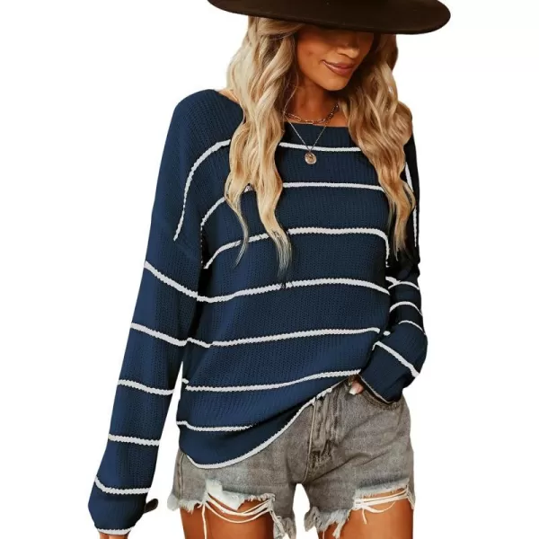 imageCUPSHE Womens Striped Sweaters Long Sleeve Boat Neck Colorblock Knitted Pullover Sweater TopsBlue