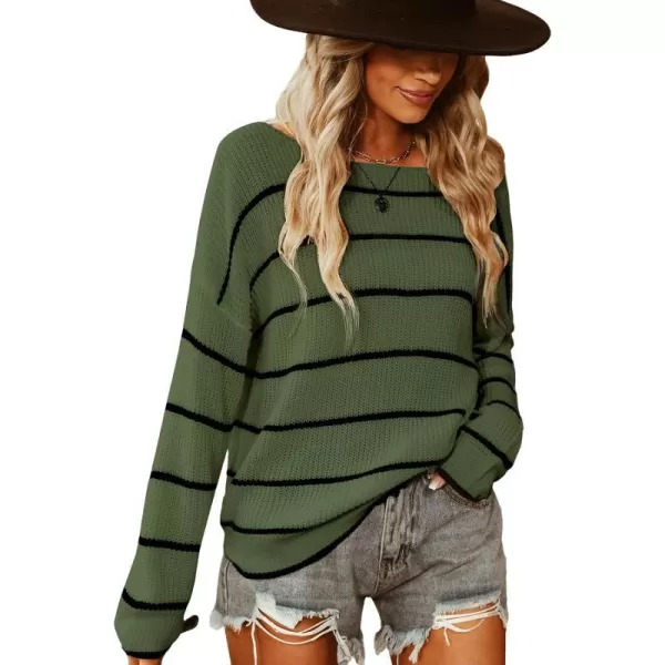 imageCUPSHE Womens Striped Sweaters Long Sleeve Boat Neck Colorblock Knitted Pullover Sweater TopsGreen