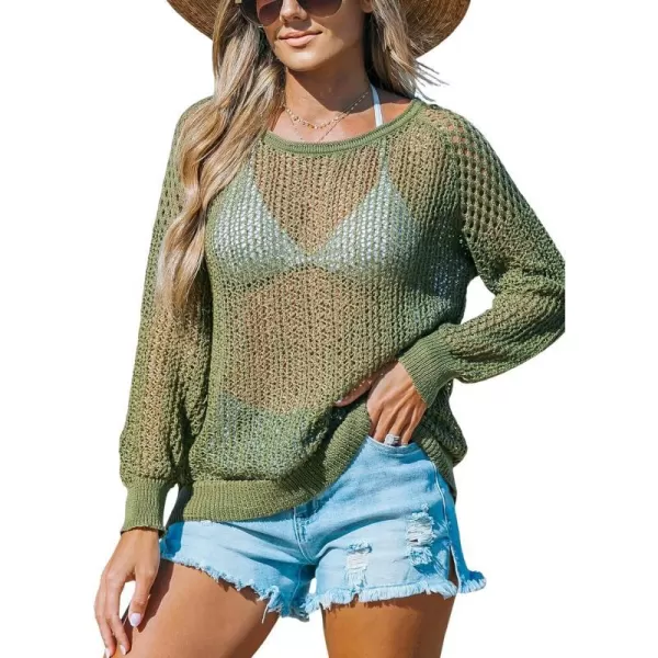 imageCUPSHE Womens Summer Crochet Swimsuit Cover Up Long Sleeve Cutout Beach Coverup Tunic Sweater TopsMatcha Green