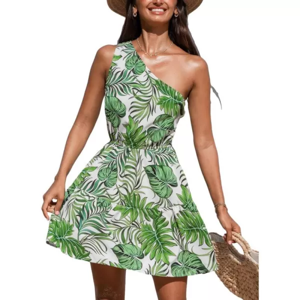 imageCUPSHE Womens Summer Mini Dress One Shoulder Tropical Printed Sleeveless Ruffle Elasticized Waist Short A Line Beach DressesGreen