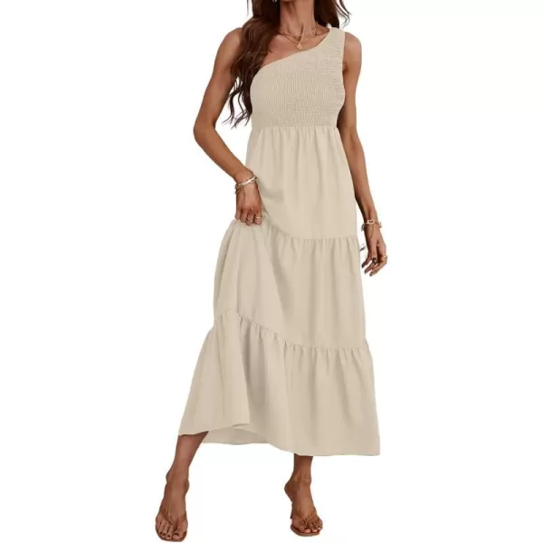 imageCUPSHE Womens Summer One Shoulder Dress Flowy Swing Tiered Smocked Fitted Sleeveless Maxi DressApricot