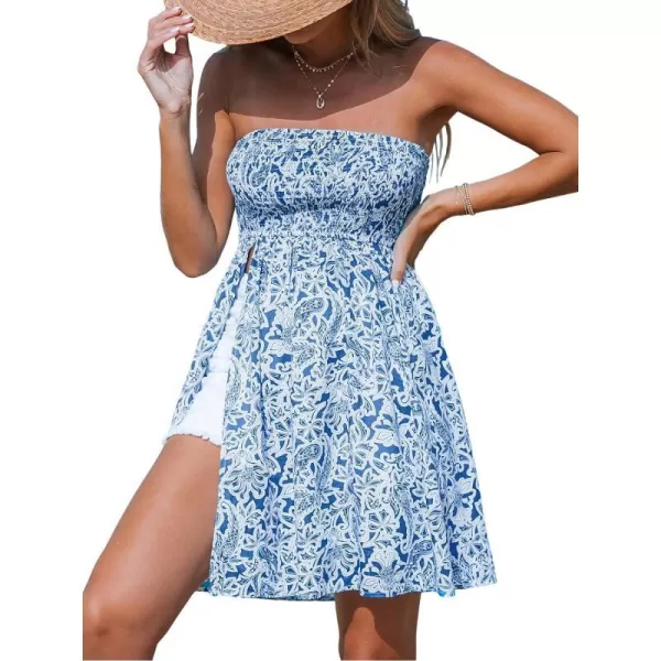 imageCUPSHE Womens Sundress Coverups Strapless Summer Smoked High Slit Bathing Suit Beach Cover Up 2024Blue Floral