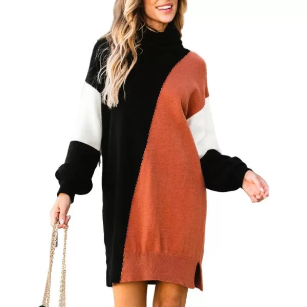 imageCUPSHE Womens Sweater Dress Coloblock Turtle Neck Ribbed Long Sleeve Casual Loose Pullover DressesBlackamporange