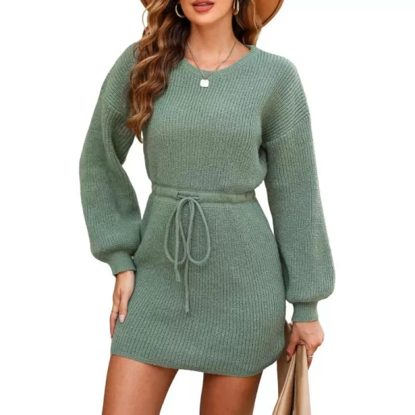 imageCUPSHE Womens Sweater Dress Crewneck Long Sleeve Drawstring Waist Loose Fit Casual Knit Pullover DressesDusty Green