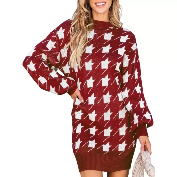imageCUPSHE Womens Sweater Dress Geo Print Crewneck Ribbed Long Sleeve Casual Loose Pullover DressesRed