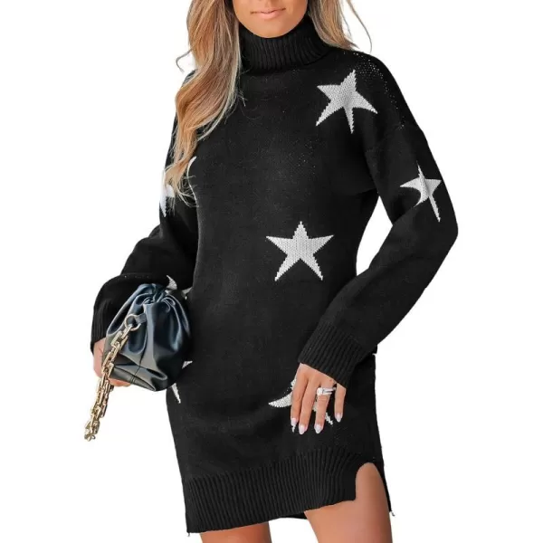 imageCUPSHE Womens Sweater Dress High Neck Star Print Long Sleeve Ribbed Trim Casual Pullover DressesBlack
