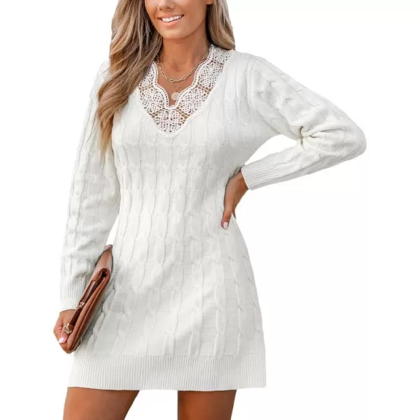 imageCUPSHE Womens Sweater Dress Lace V Neck Cable Knit Long Sleeve Fitted Casual Pullover DressesWhite