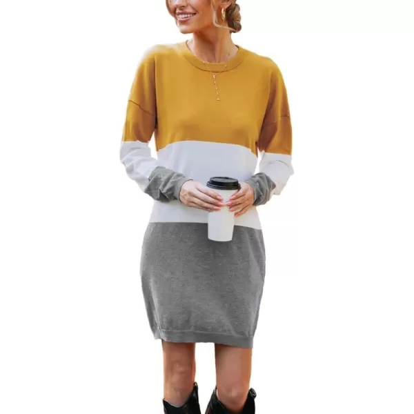 imageCUPSHE Womens Sweater Dress Round Neck Colorblock Long Sleeve Loose Fit A Line Casual Knit Pullover DressesYellow