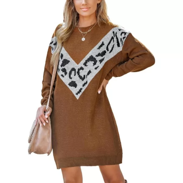 imageCUPSHE Womens Sweater Dress Round Neck Ribbed Trim Long Sleeve Colorblock Bodycon Casual Knit Pullover DressesBrown