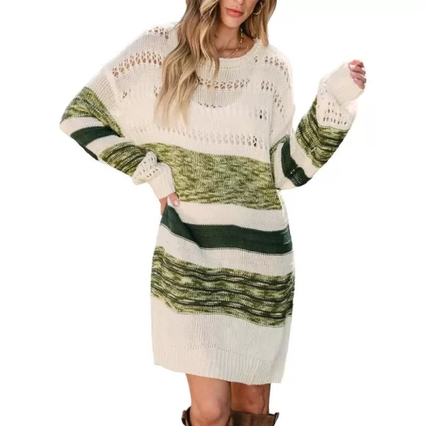 imageCUPSHE Womens Sweater Dress Round Neck Striped Colorblock Long Sleeve Hollow Out Loose Fit Casual Knit Pullover DressesOlive