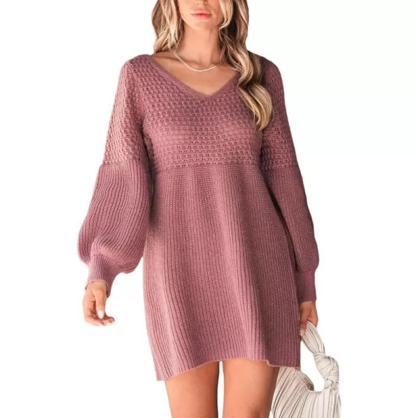 imageCUPSHE Womens Sweater Dress V Neck Honeycomb Long Sleeve Textured Casual Knit Pullover DressesDusty Rose