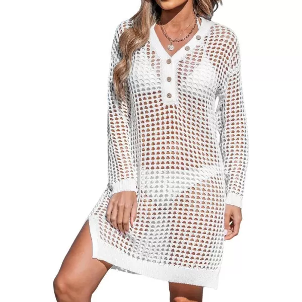 imageCUPSHE Womens Swim Beach Cover Up Bathing Suit Cover Up Swimsuit Knit V Neck Long Sleeves Button Dress Cover UpWhite