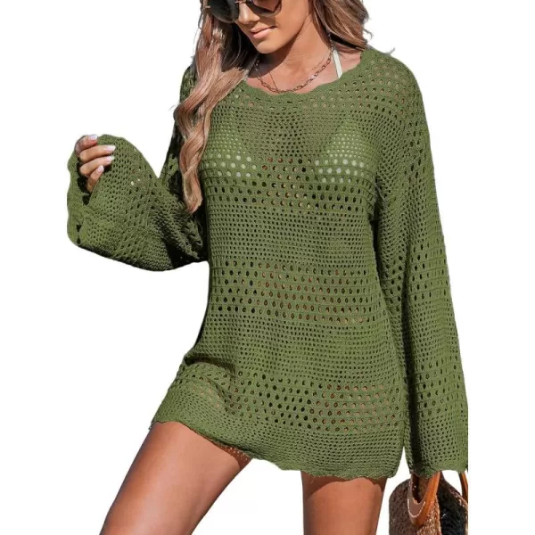 imageCUPSHE Womens Swimsuit Cover Up Crochet Bathing Suit Mesh Swimwear Knit Pullover Beach DressArmy Green