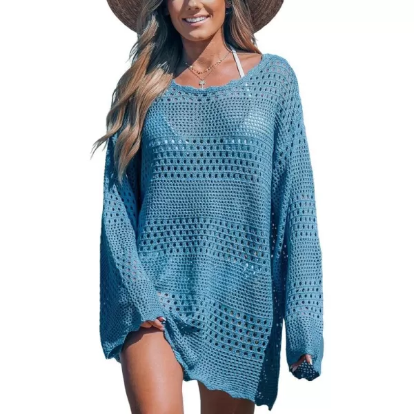 imageCUPSHE Womens Swimsuit Cover Up Crochet Bathing Suit Mesh Swimwear Knit Pullover Beach DressBlue