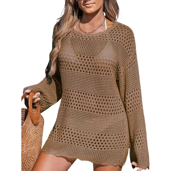 imageCUPSHE Womens Swimsuit Cover Up Crochet Bathing Suit Mesh Swimwear Knit Pullover Beach DressBrown