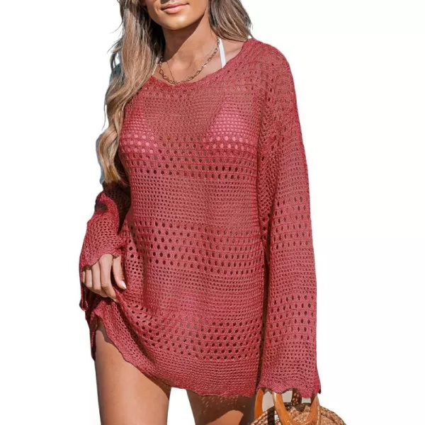 imageCUPSHE Womens Swimsuit Cover Up Crochet Bathing Suit Mesh Swimwear Knit Pullover Beach DressRed