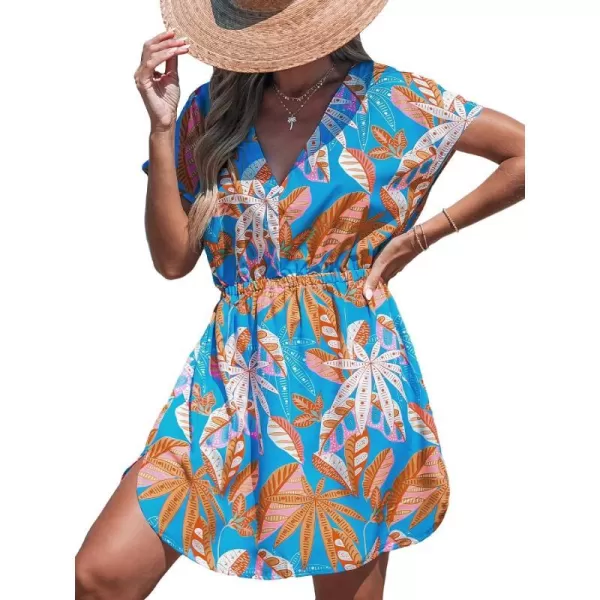 imageCUPSHE Womens Swimsuit Cover Up Dress Short Sleeve Casual Tropical Print 2024 Beach DressesBlue Tropics