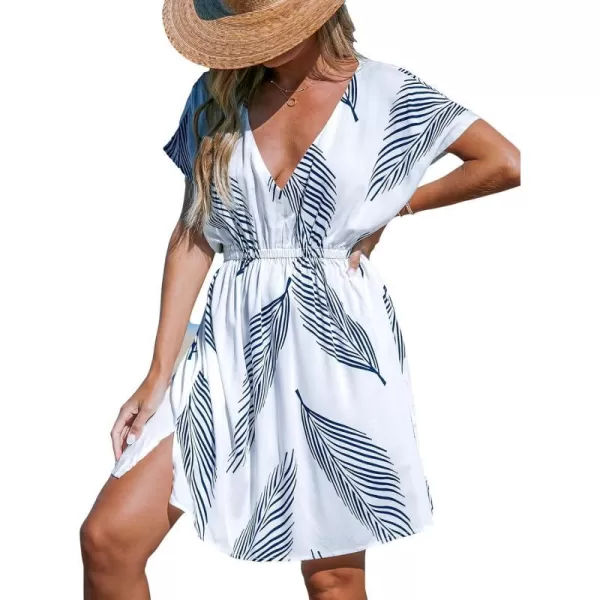 imageCUPSHE Womens Swimsuit Cover Up Dress Short Sleeve Casual Tropical Print 2024 Beach DressesNavy Leaf