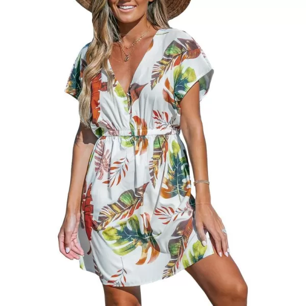 imageCUPSHE Womens Swimsuit Cover Up Dress Short Sleeve Casual Tropical Print 2024 Beach DressesRed Leaf