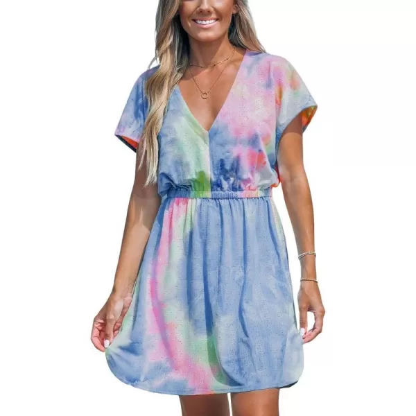 imageCUPSHE Womens Swimsuit Cover Up Dress Short Sleeve Casual Tropical Print 2024 Beach DressesTie Dye