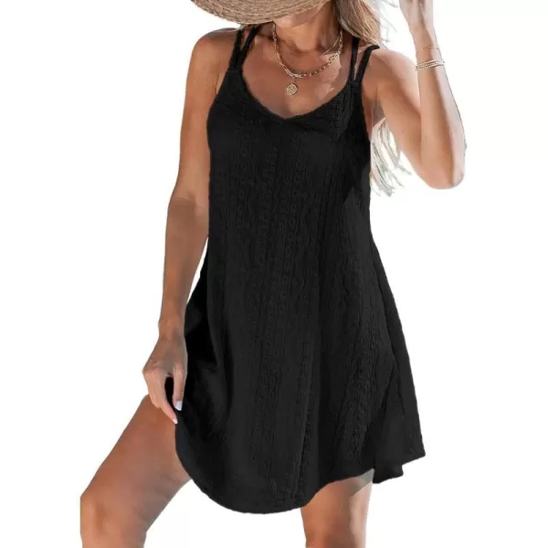 imageCUPSHE Womens Swimsuit Cover Ups Hollow Out Sleeveless Coverup Criss Cross Back Beachwear Spaghetti Strap Summer Dress 2024Black Textured Floral