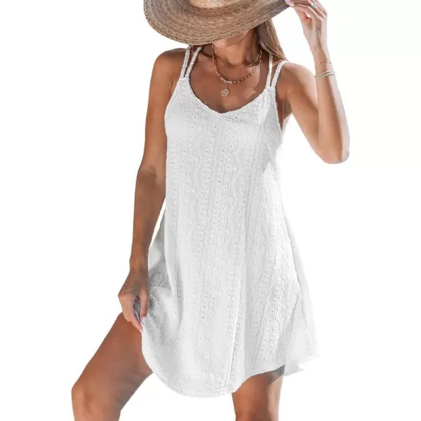 imageCUPSHE Womens Swimsuit Cover Ups Hollow Out Sleeveless Coverup Criss Cross Back Beachwear Spaghetti Strap Summer Dress 2024White Textured Floral