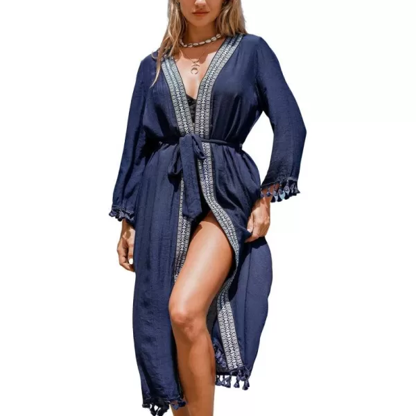 imageCUPSHE Womens Swimsuit Cover Ups Open Front Tassel Trim Bikini Kimonos Cardigan Belted Long BeachwearBlue