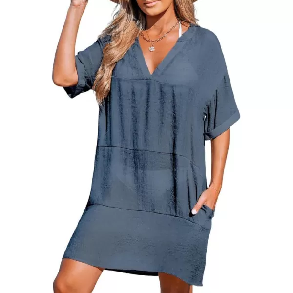 imageCUPSHE Womens Swimsuit Coverup Casual Beach Dress Short Sleeve V Neck Swim Cover Ups with PocketsBlue