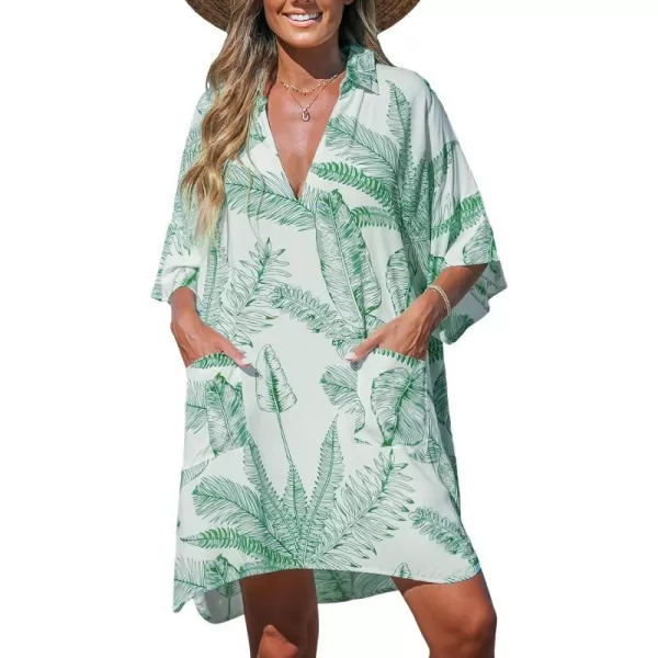 imageCUPSHE Womens Swimsuit Coverup Casual Loose Beach Collared VNeck Shirt Dress with PocketsGreen Leaf