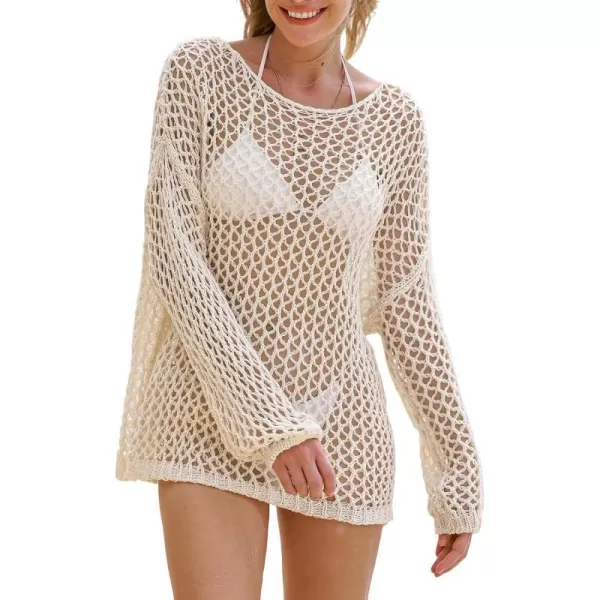 imageCUPSHE Womens Swimsuit Coverup Crochet Cutout Bathing Suit Cover Ups 2024 Long Sleeve Loose Beach TopsOffwhite