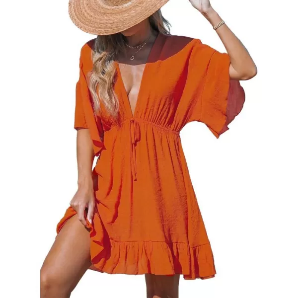 imageCUPSHE Womens Swimsuit Coverup Deep V Neck Ruffle Bathing Suit Beach Dress Tie Waist Bikini Cover UpOrange
