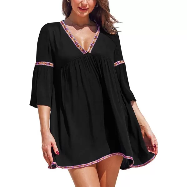 imageCUPSHE Womens Swimsuit Coverup Dress Casual V Neck Flared Sleeve Bathing Suit Beach Mini DressBlack